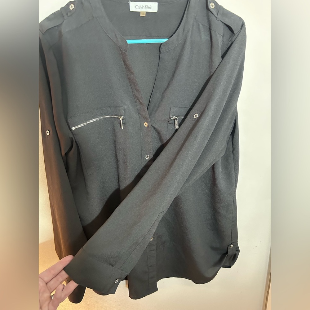 Calvin Klein Dark Gray Blouse with Zippered Pockets